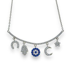 China Sterling Silver 925 Lucky Charm Blue White Crystal Bib Necklace 16"-18"